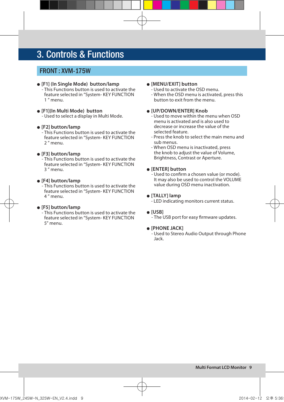 Controls & functions, Front : xvm-175w | TVLogic XVM-175W User Manual | Page 9 / 44