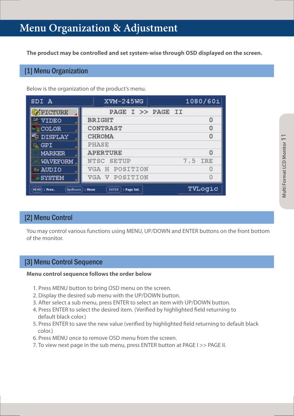 Menu organization & adjustment, 1] menu organization, 2] menu control [3] menu control sequence | TVLogic XVM-245W-N User Manual | Page 11 / 40
