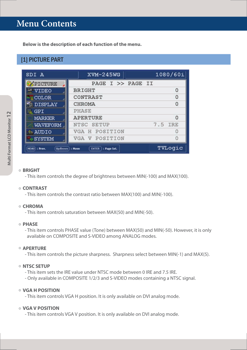 Menu contents, 1] picture part | TVLogic XVM-245W-N User Manual | Page 12 / 40