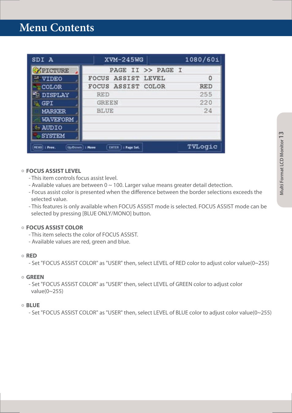 Menu contents | TVLogic XVM-245W-N User Manual | Page 13 / 40