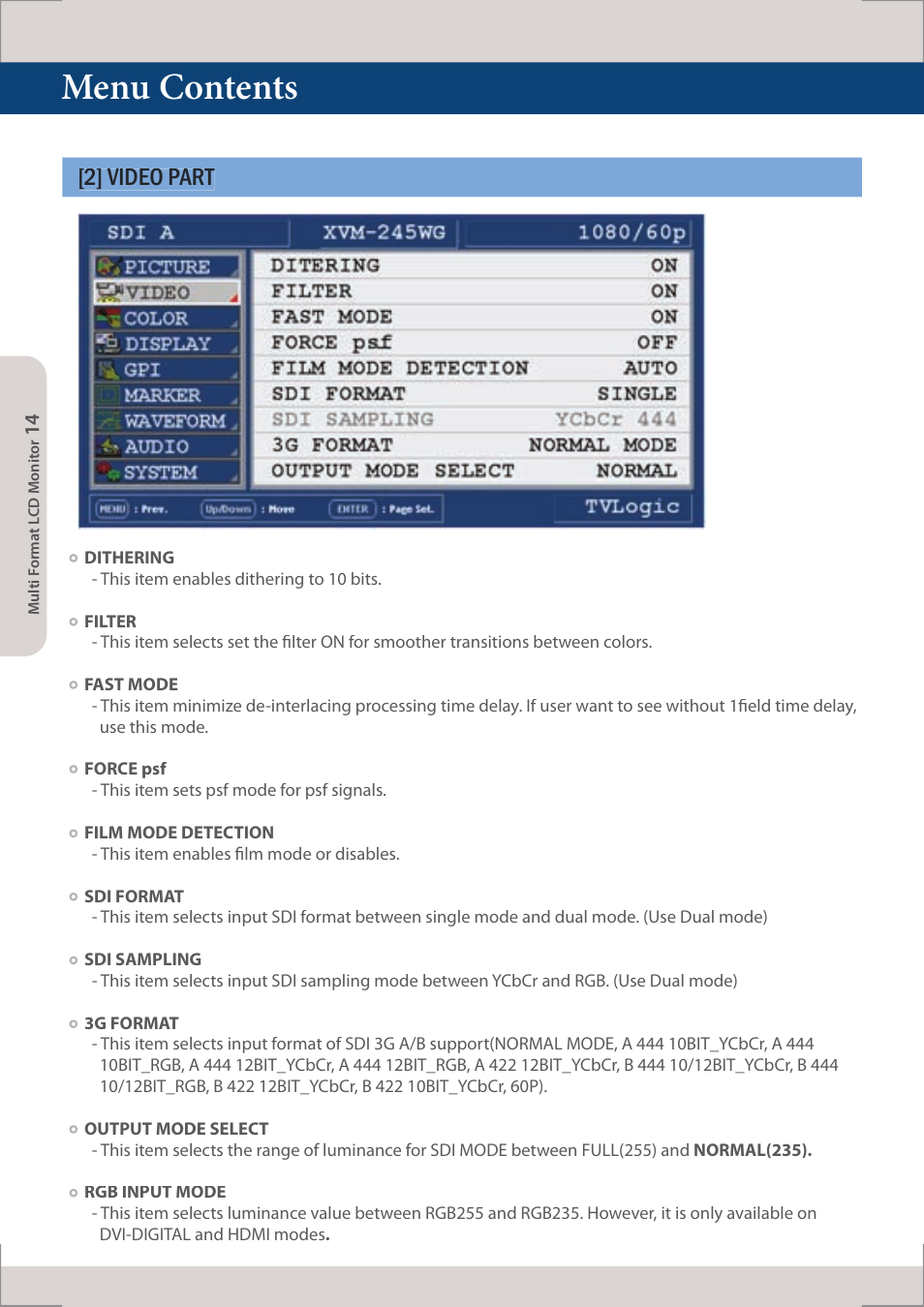 Menu contents, 2] video part | TVLogic XVM-245W-N User Manual | Page 14 / 40