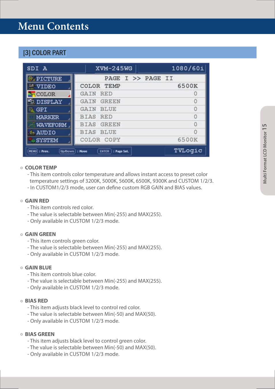 Menu contents, 3] color part | TVLogic XVM-245W-N User Manual | Page 15 / 40