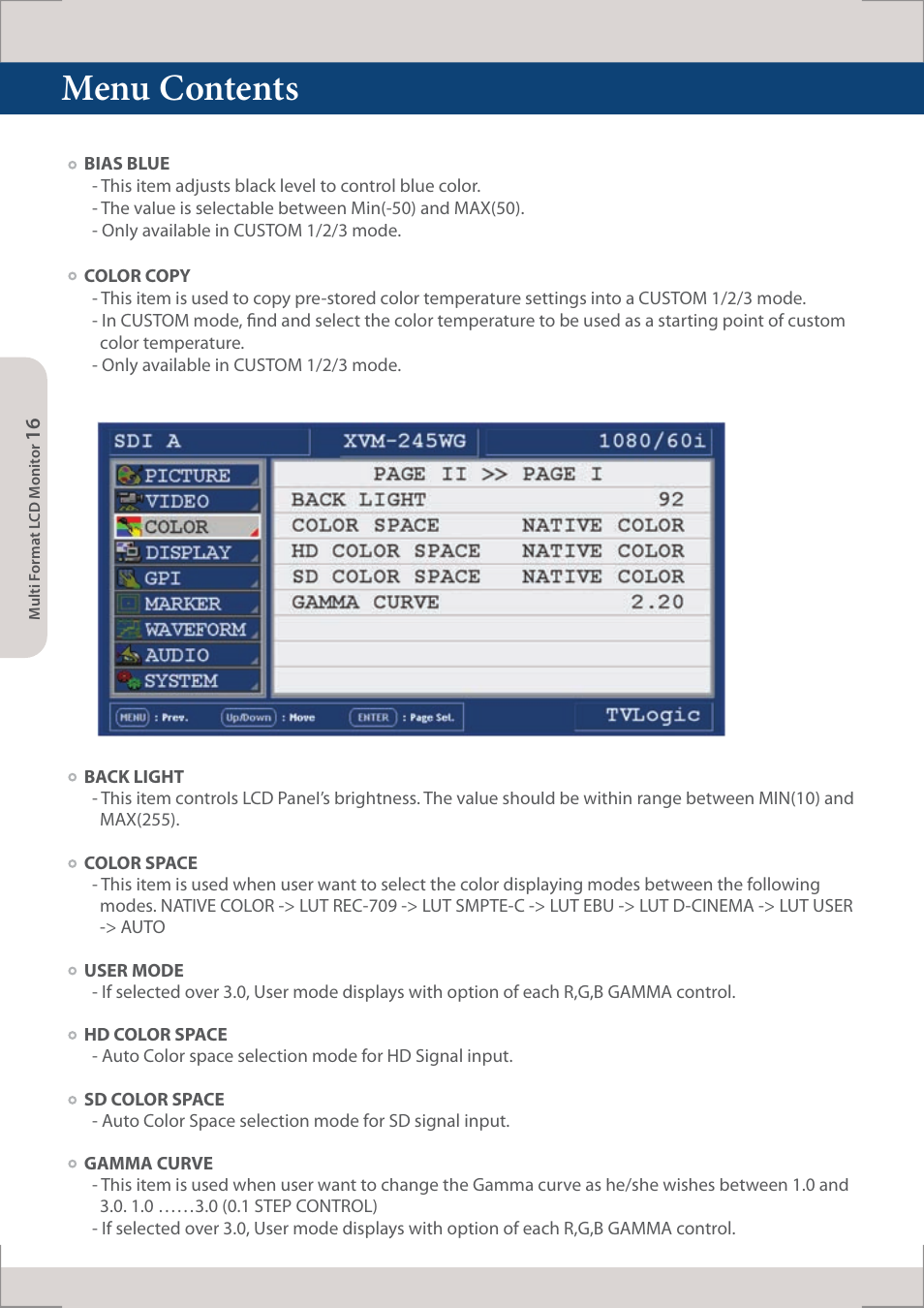 Menu contents | TVLogic XVM-245W-N User Manual | Page 16 / 40