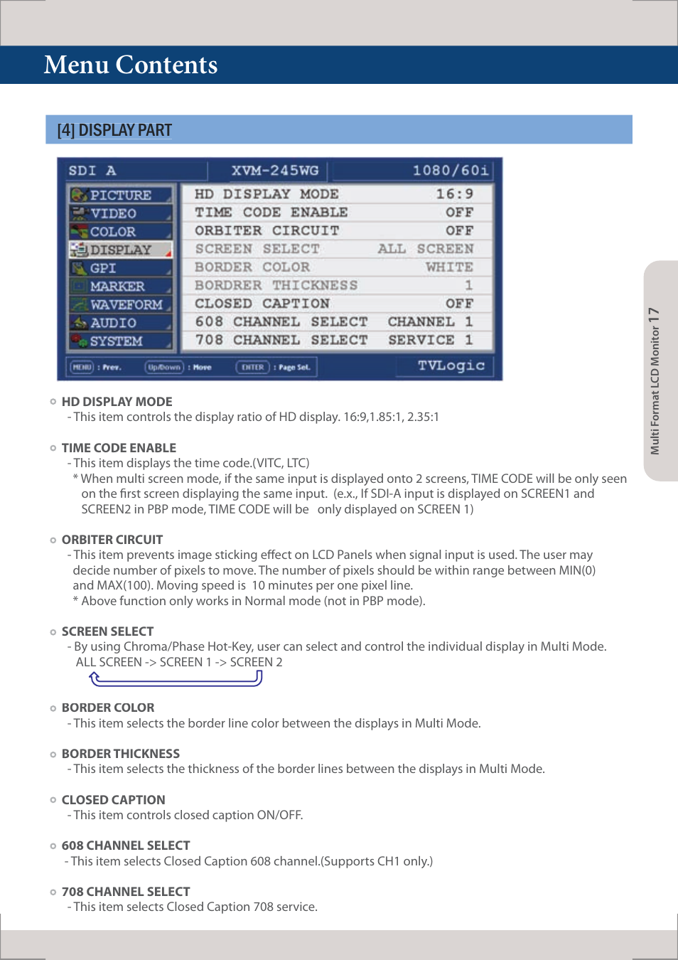 Menu contents, 4] display part | TVLogic XVM-245W-N User Manual | Page 17 / 40