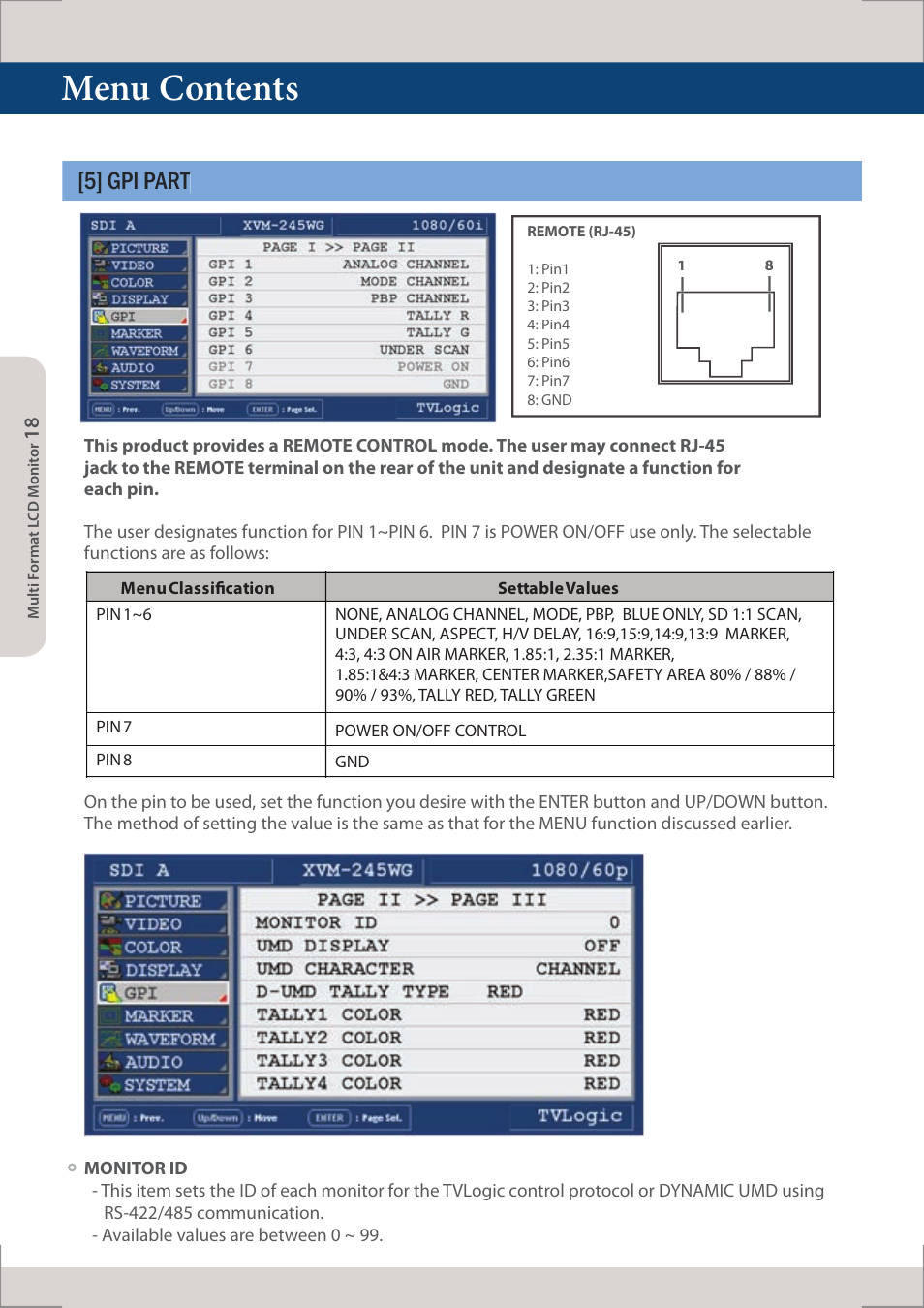 Menu contents, 5] gpi part | TVLogic XVM-245W-N User Manual | Page 18 / 40