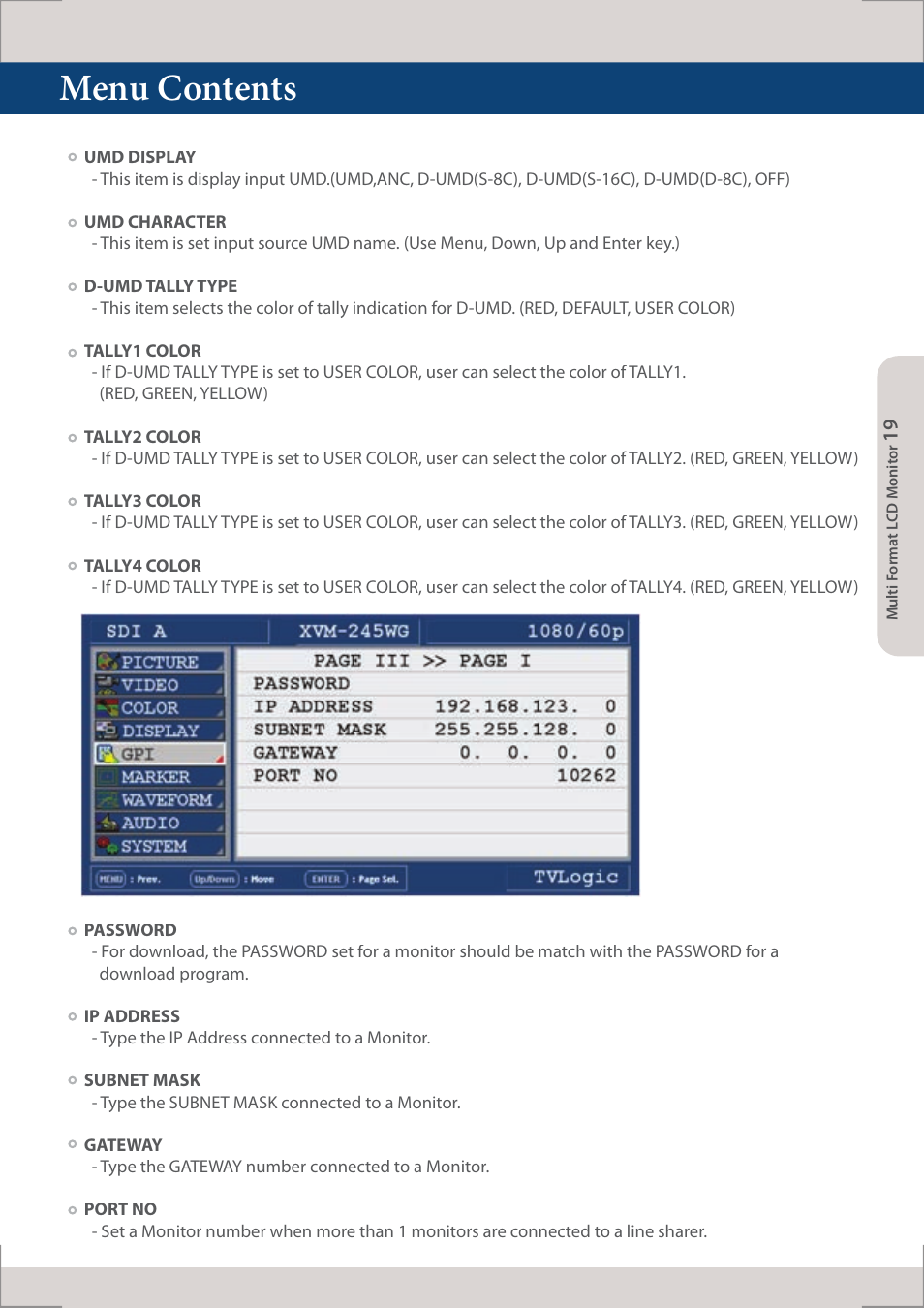 Menu contents | TVLogic XVM-245W-N User Manual | Page 19 / 40