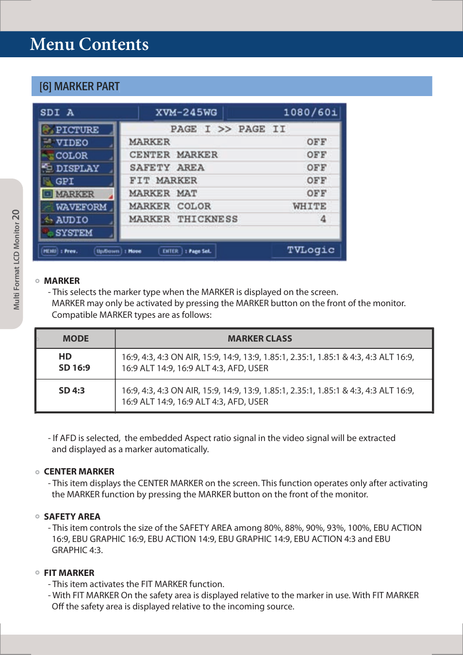 Menu contents, 6] marker part | TVLogic XVM-245W-N User Manual | Page 20 / 40