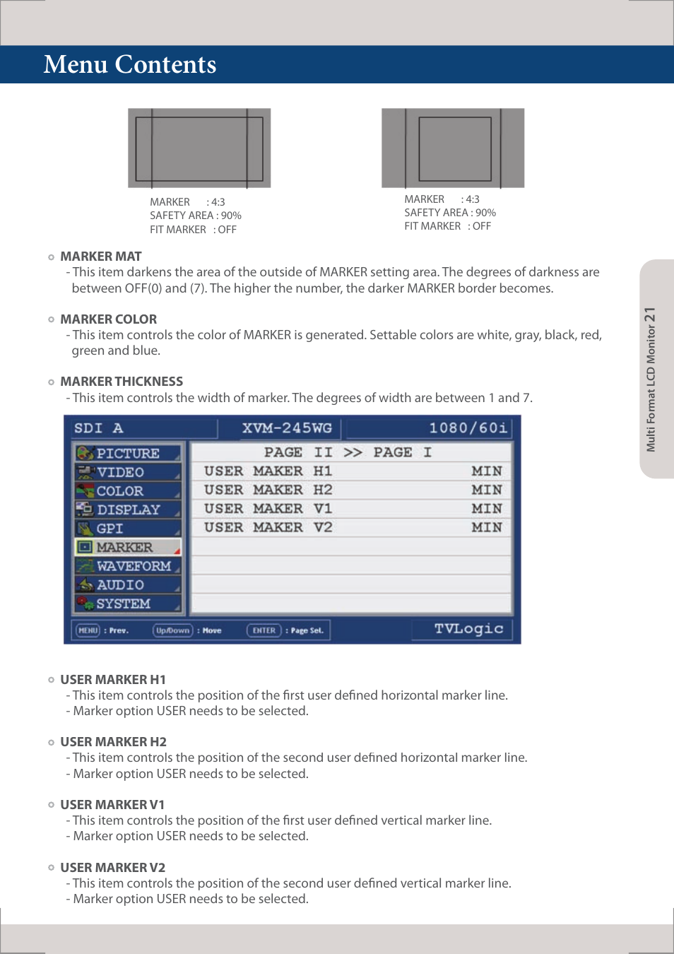 Menu contents | TVLogic XVM-245W-N User Manual | Page 21 / 40