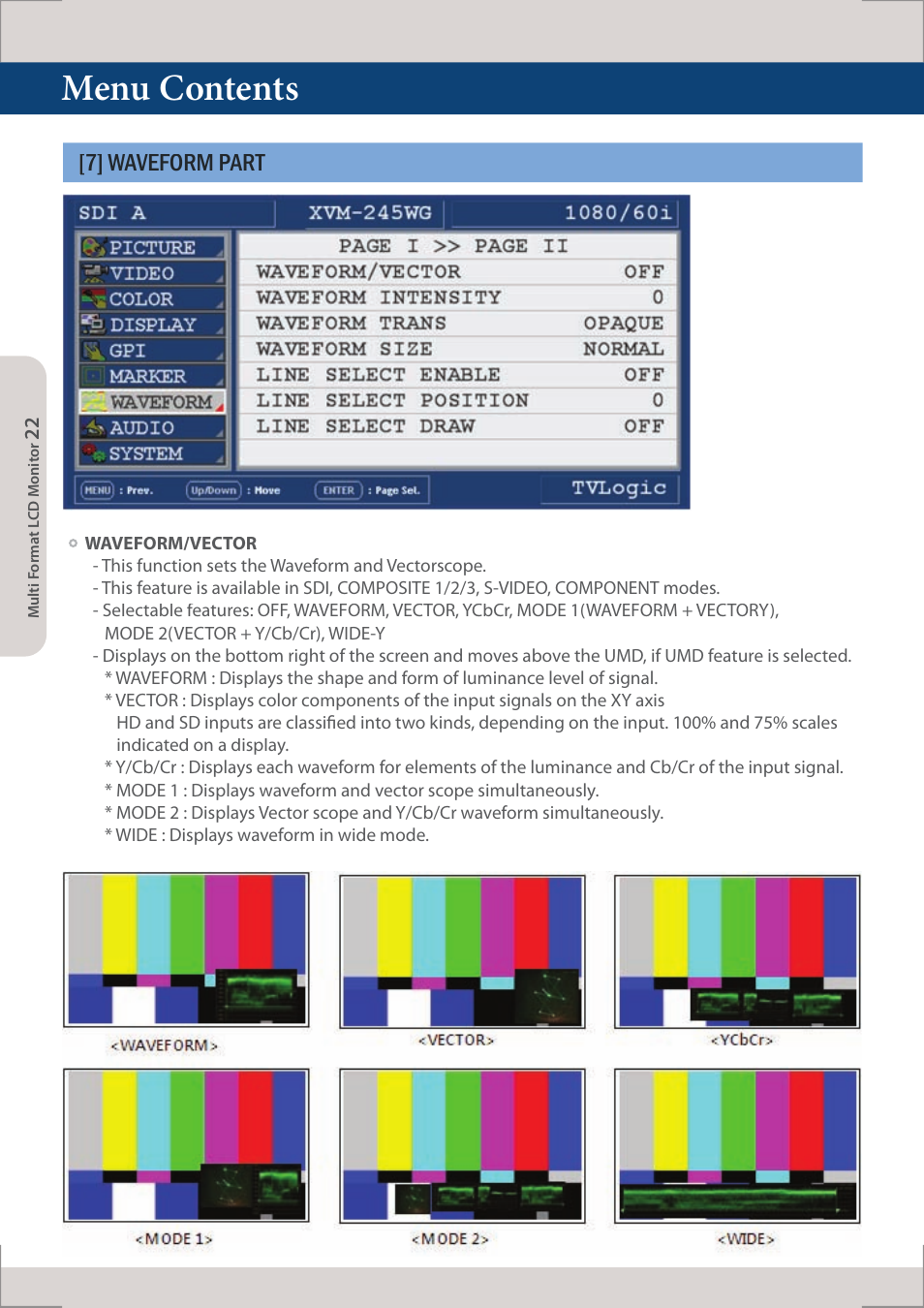 Menu contents, 7] waveform part | TVLogic XVM-245W-N User Manual | Page 22 / 40