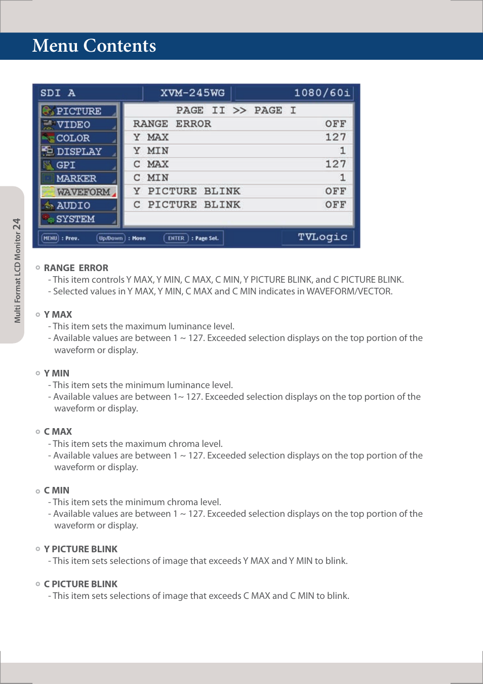 Menu contents | TVLogic XVM-245W-N User Manual | Page 24 / 40