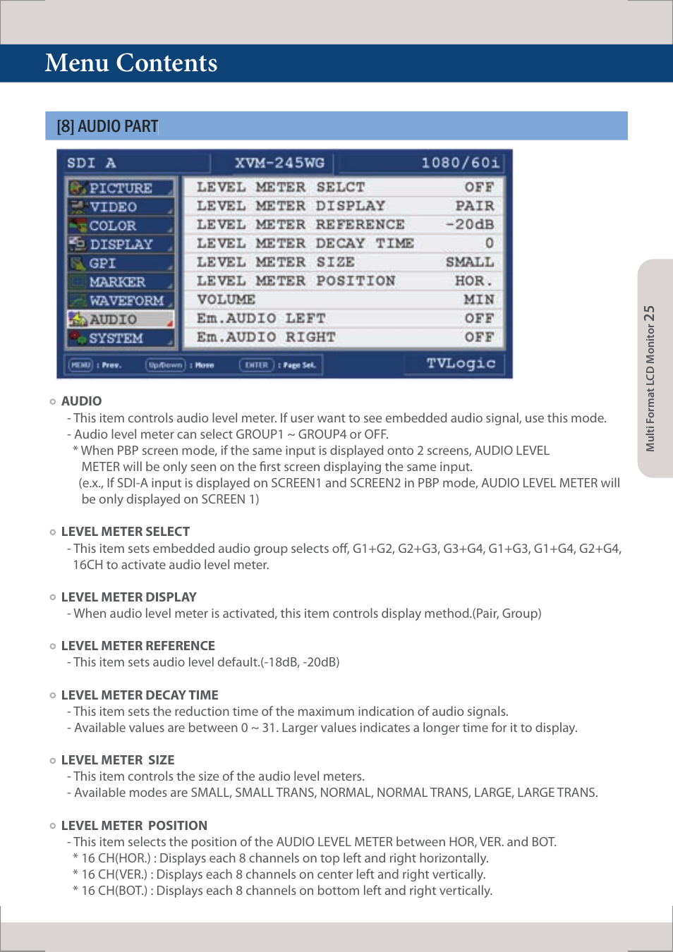 Menu contents, 8] audio part | TVLogic XVM-245W-N User Manual | Page 25 / 40