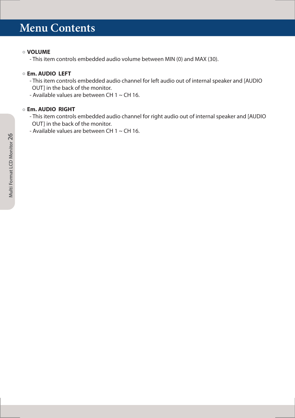 Menu contents | TVLogic XVM-245W-N User Manual | Page 26 / 40