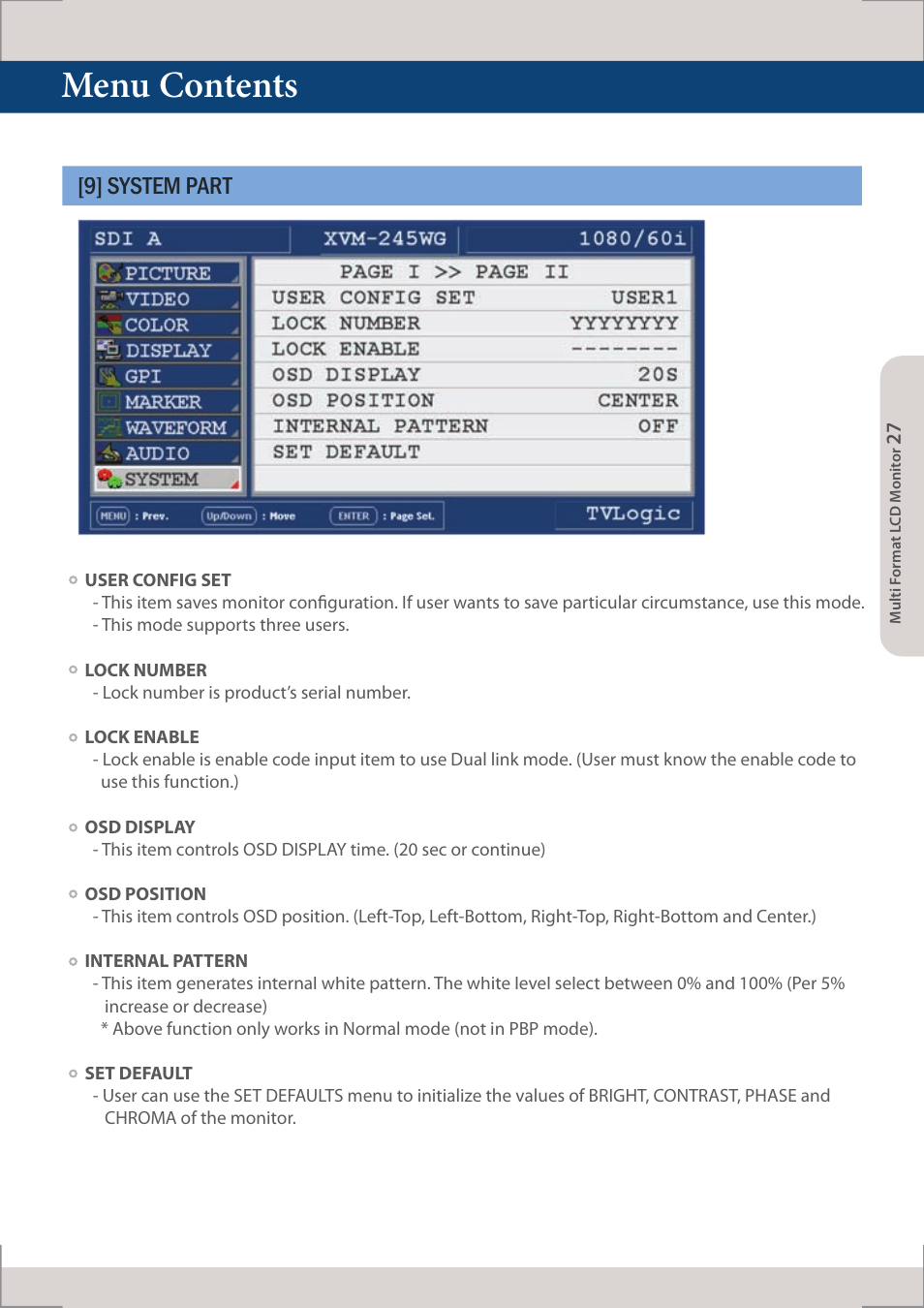 Menu contents, 9] system part | TVLogic XVM-245W-N User Manual | Page 27 / 40