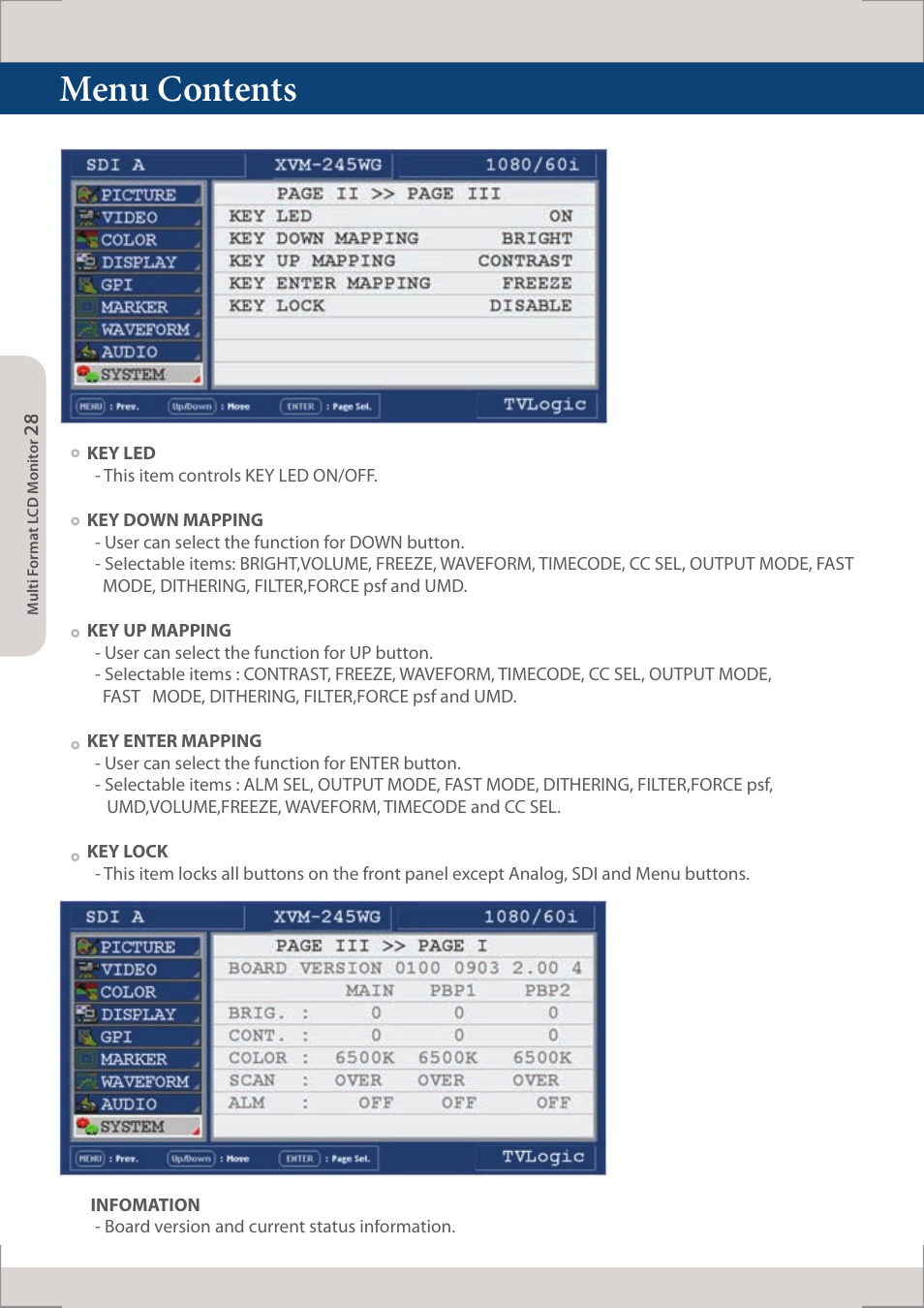 Menu contents | TVLogic XVM-245W-N User Manual | Page 28 / 40