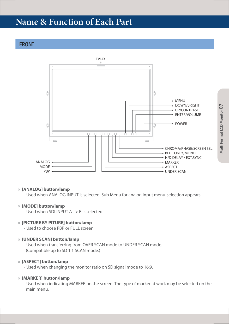 Name & function of each part, Front | TVLogic XVM-245W-N User Manual | Page 7 / 40