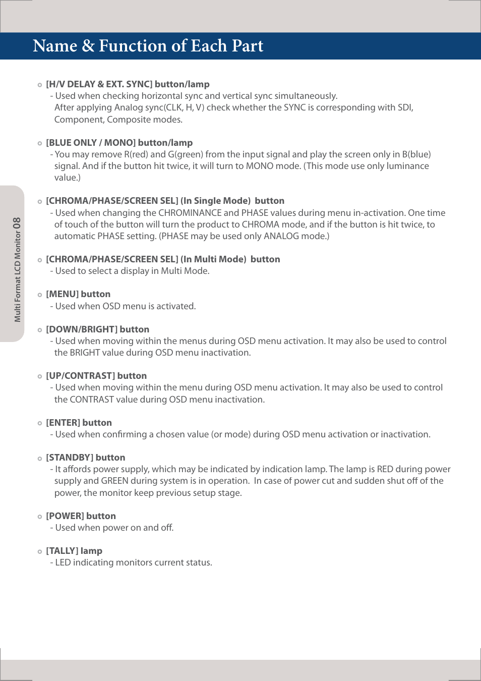 Name & function of each part | TVLogic XVM-245W-N User Manual | Page 8 / 40