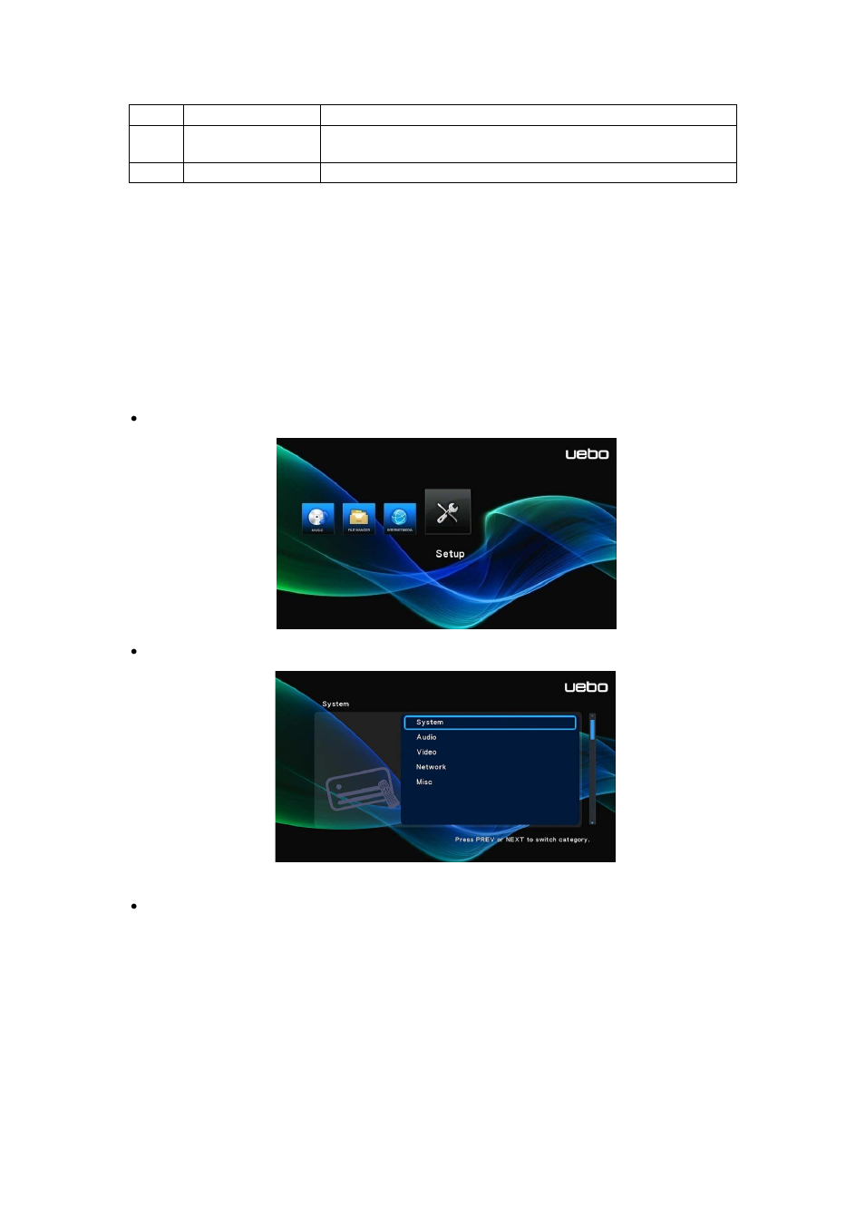 2 main functions, 1 setup menu | UEBO M100 Portable 1080p User Manual | Page 12 / 33