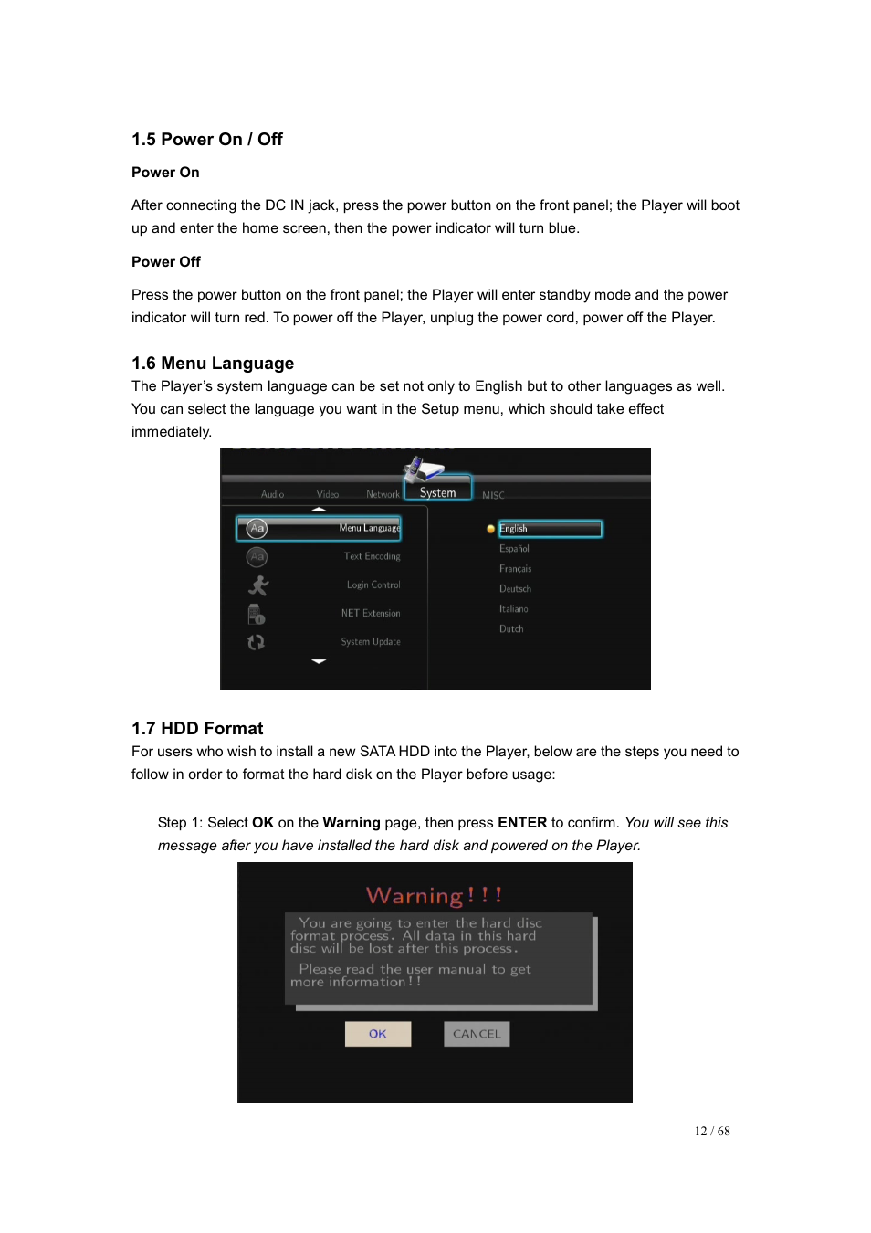5 power on / off, Power on, Power off | 6 menu language, 7 hdd format | UEBO M200 Networked User Manual | Page 12 / 68