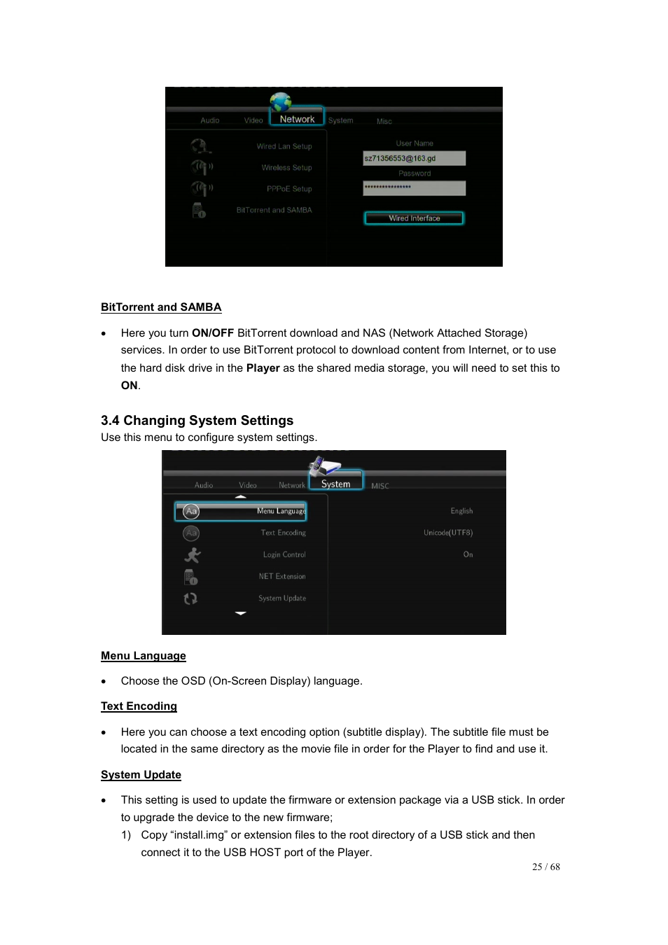 Bittorrent and samba, 4 changing system settings, Menu language | Text encoding, System update | UEBO M200 Networked User Manual | Page 25 / 68