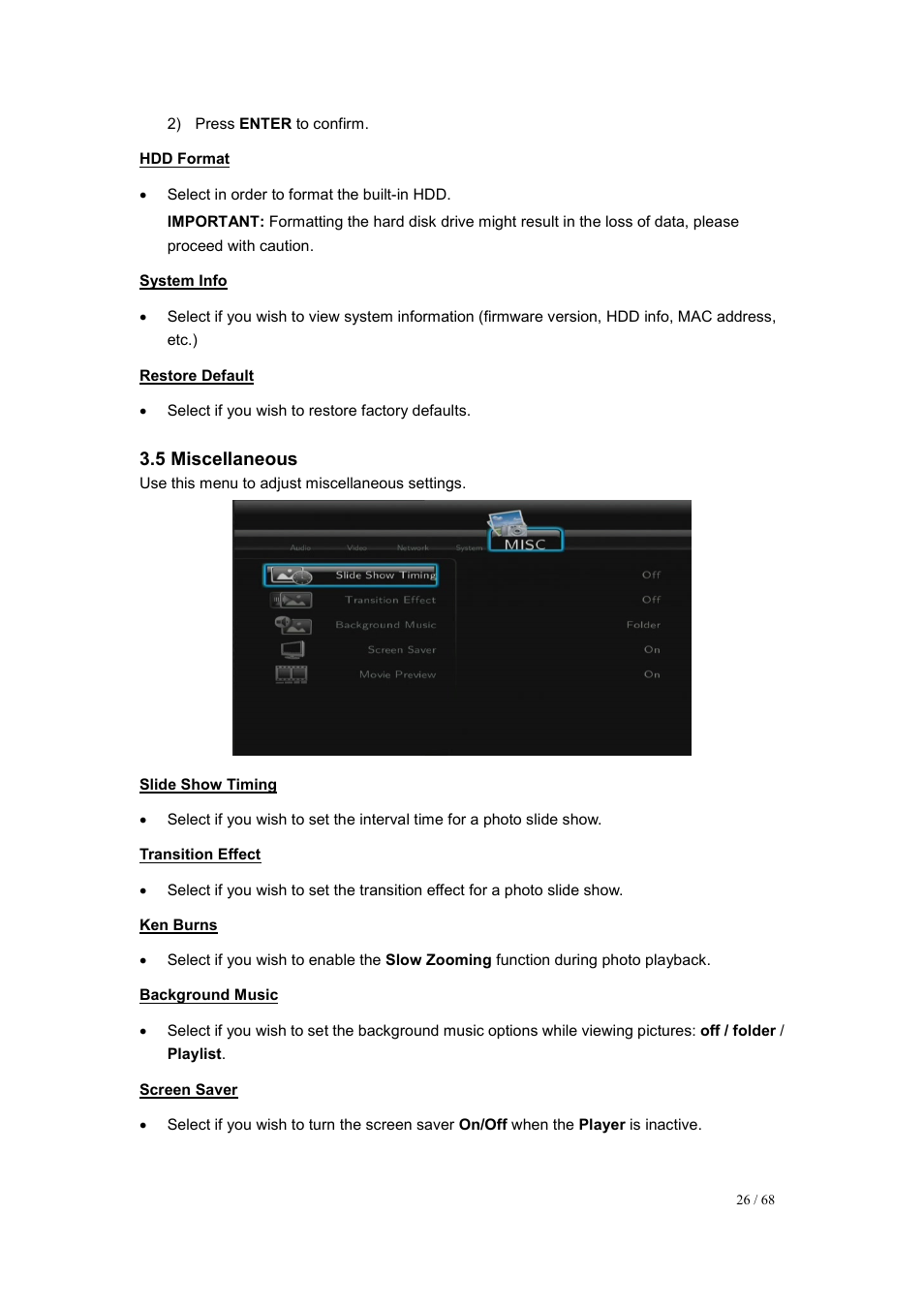 Hdd format, System info, Restore default | 5 miscellaneous, Slide show timing, Transition effect, Ken burns, Background music, Screen saver | UEBO M200 Networked User Manual | Page 26 / 68