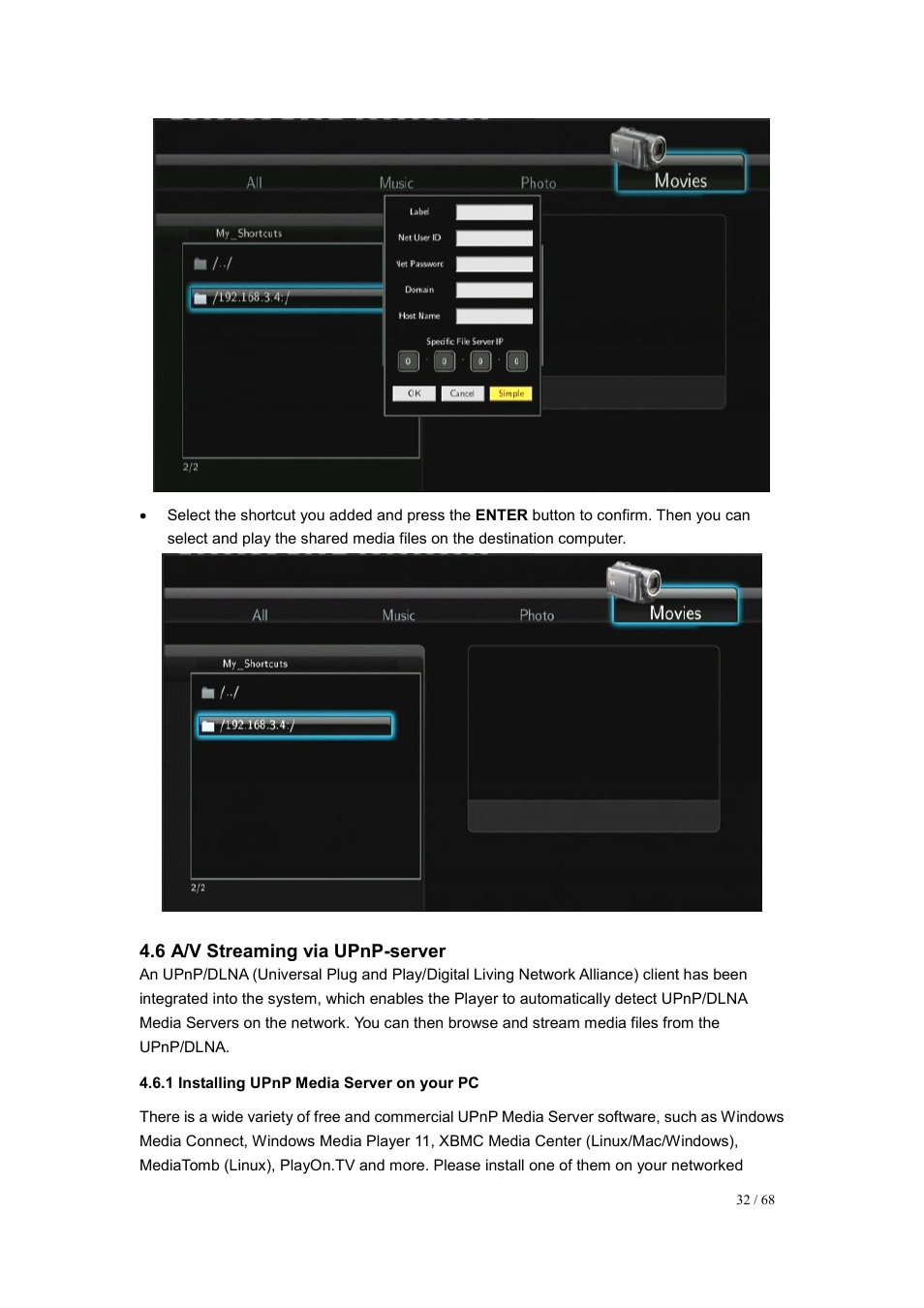 6 a/v streaming via upnp-server, 1 installing upnp media server on your pc | UEBO M200 Networked User Manual | Page 32 / 68