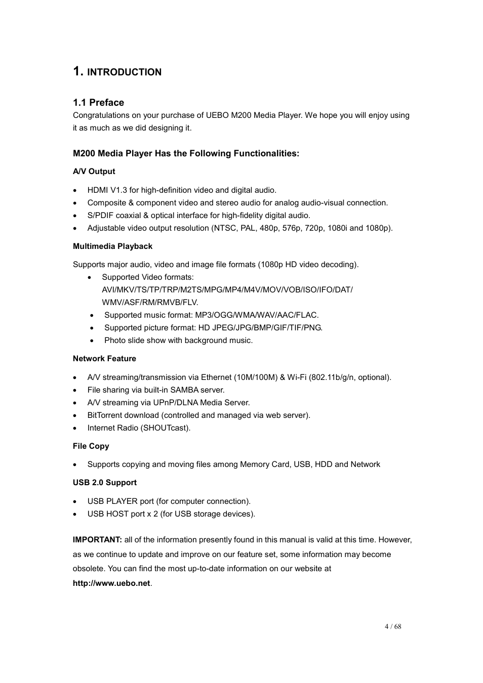 Introduction, 1 preface, A/v output | Multimedia playback, Network feature, File copy, Usb 2.0 support | UEBO M200 Networked User Manual | Page 4 / 68