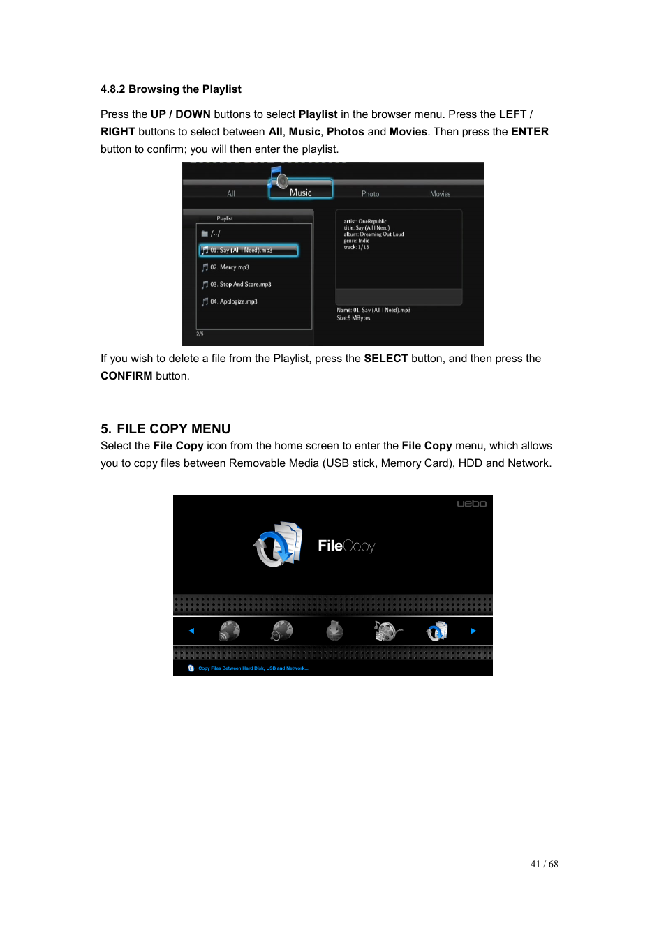 2 browsing the playlist, File copy menu | UEBO M200 Networked User Manual | Page 41 / 68