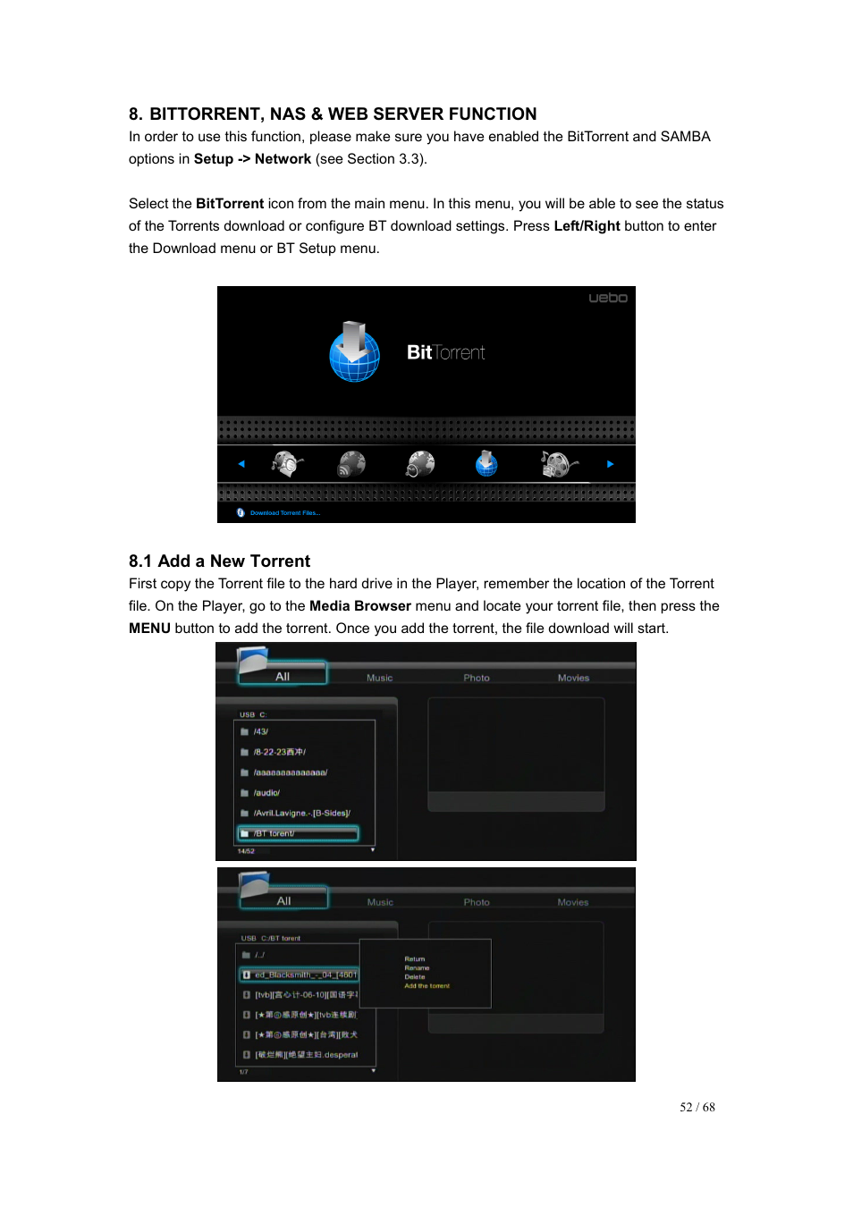 Bittorrent, nas & web server function, 1 add a new torrent | UEBO M200 Networked User Manual | Page 52 / 68