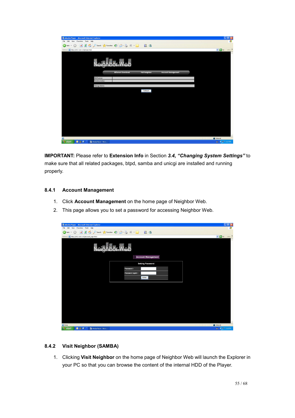 Account management, Visit neighbor (samba) | UEBO M200 Networked User Manual | Page 55 / 68