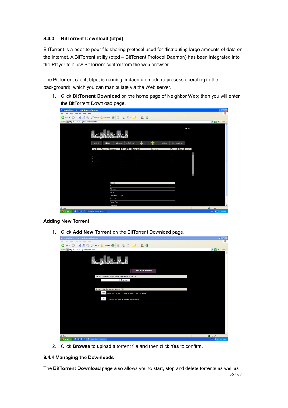 Bittorrent download (btpd), Adding new torrent, 4 managing the downloads | UEBO M200 Networked User Manual | Page 56 / 68