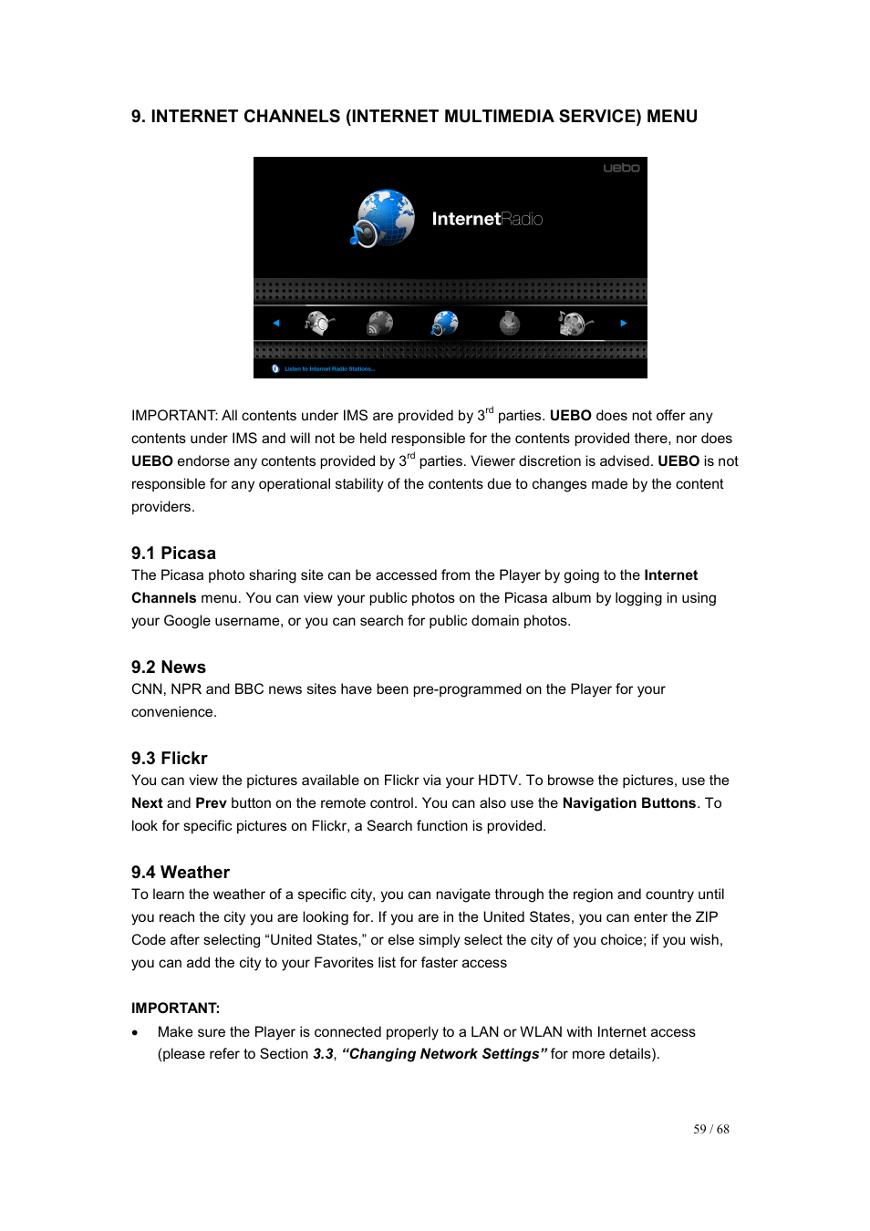 1 picasa, 2 news, 3 flickr | 4 weather | UEBO M200 Networked User Manual | Page 59 / 68
