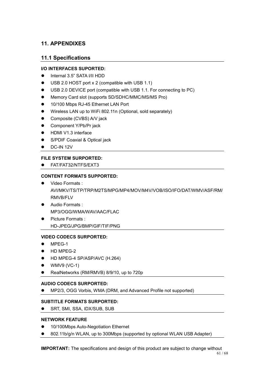Appendixes, 1 specifications | UEBO M200 Networked User Manual | Page 61 / 68