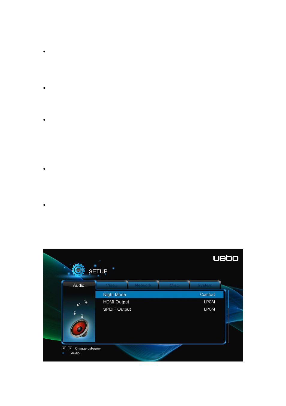 Scan storage, Resume play, Format | Restore default, 2 changing audio settings | UEBO M400 WiFi 1080p User Manual | Page 18 / 59