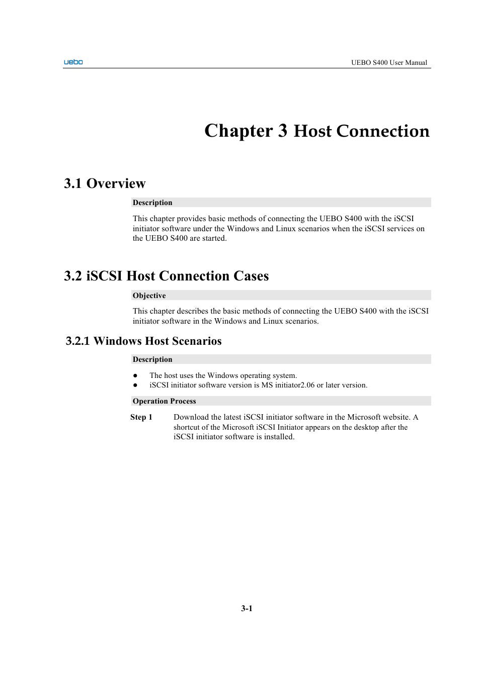 Chapter 3, Host connection, 1 overview | 2 iscsi host connection cases, 1 windows host scenarios | UEBO S400 User Manual | Page 113 / 155