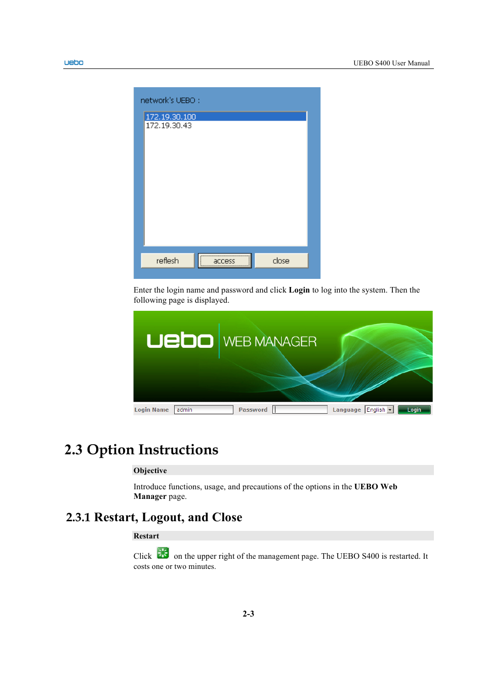 3 option instructions, Restart, logout, and close | UEBO S400 User Manual | Page 12 / 155