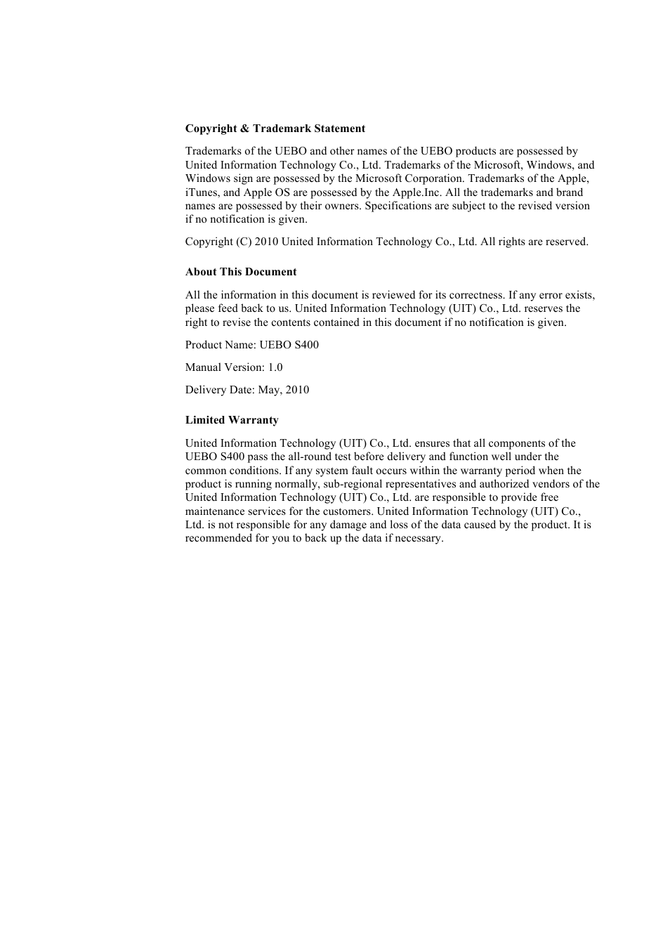 UEBO S400 User Manual | Page 2 / 155