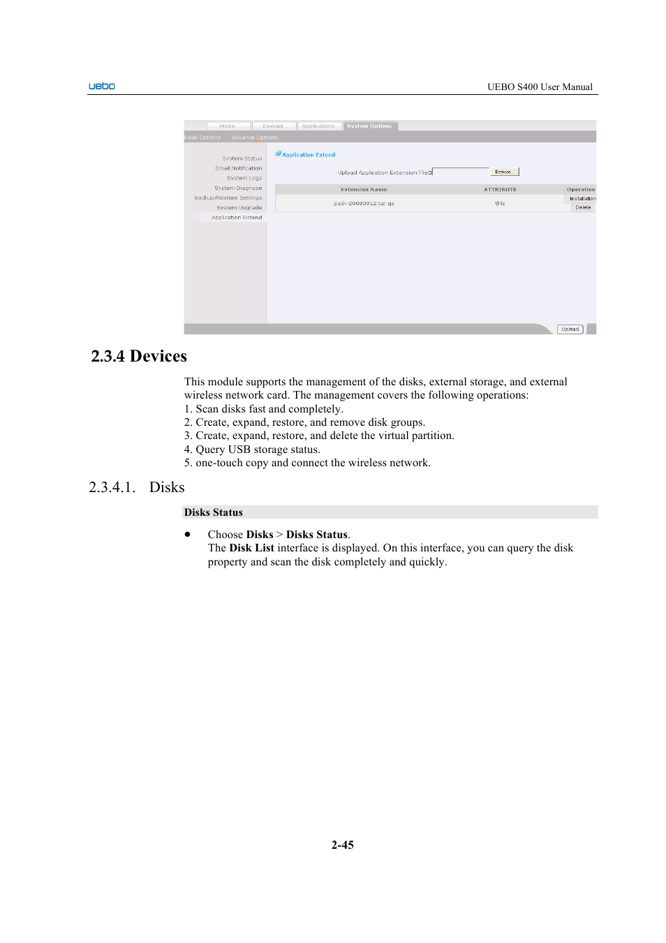 Devices, Disks | UEBO S400 User Manual | Page 54 / 155