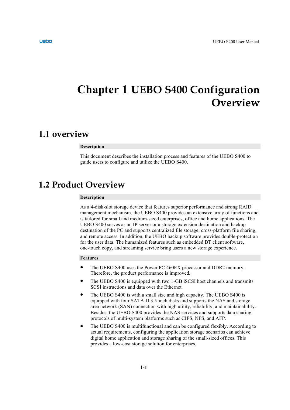 Chapter 1, Uebo s400 configuration overview, 1 overview | 2 product overview | UEBO S400 User Manual | Page 7 / 155