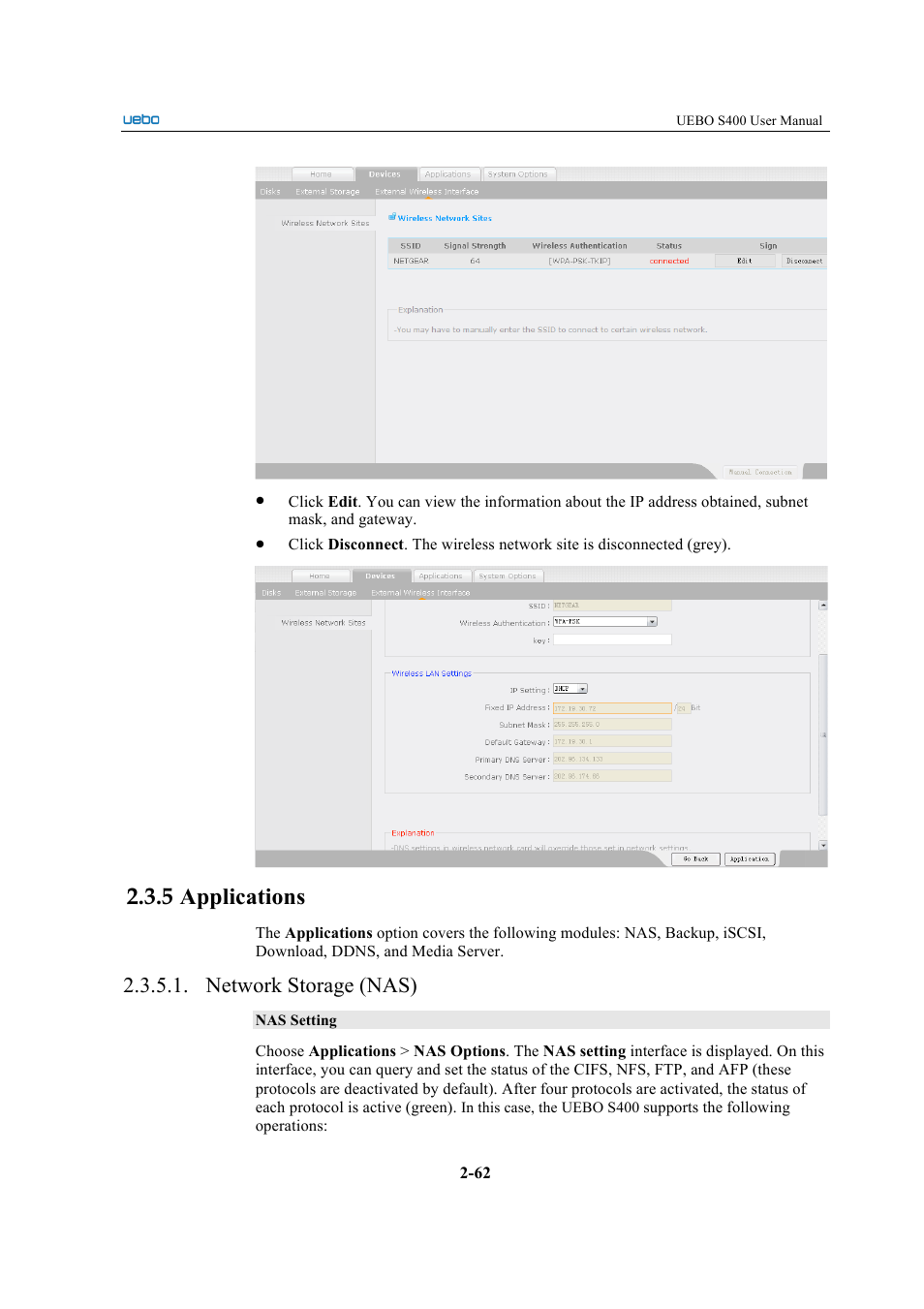 5 applications, Network storage (nas) | UEBO S400 User Manual | Page 71 / 155
