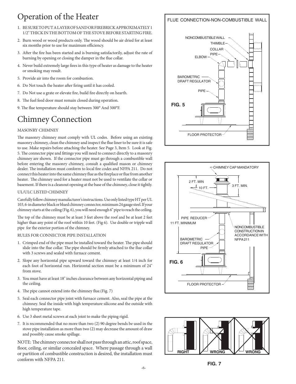 Operation of the heater, Chimney connection | United States Stove Company 1261 User Manual | Page 6 / 13