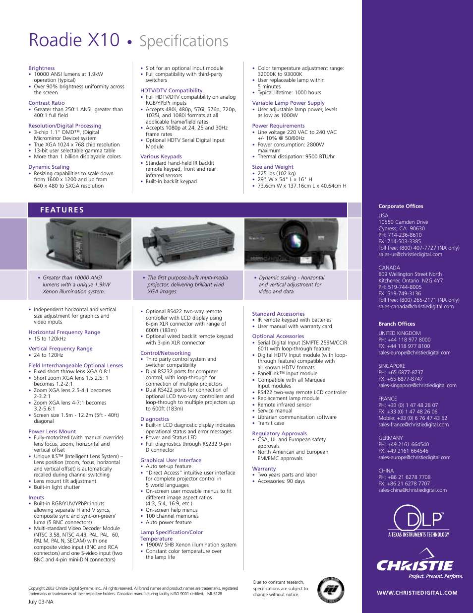 Roadie x10, Specifications | Christie Digital Systems X10 User Manual | Page 2 / 2