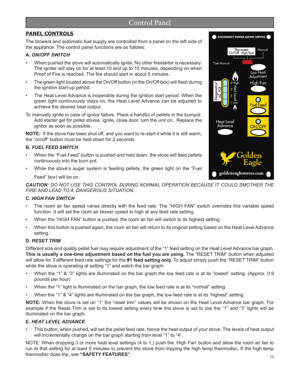 Control panel | United States Stove Company 5520 User Manual | Page 13 / 28