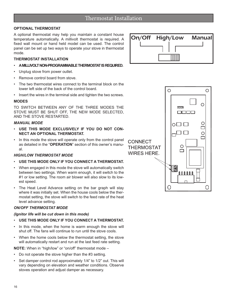 Th ermostat installation, On/off high/low manual | United States Stove Company 5520 User Manual | Page 16 / 28