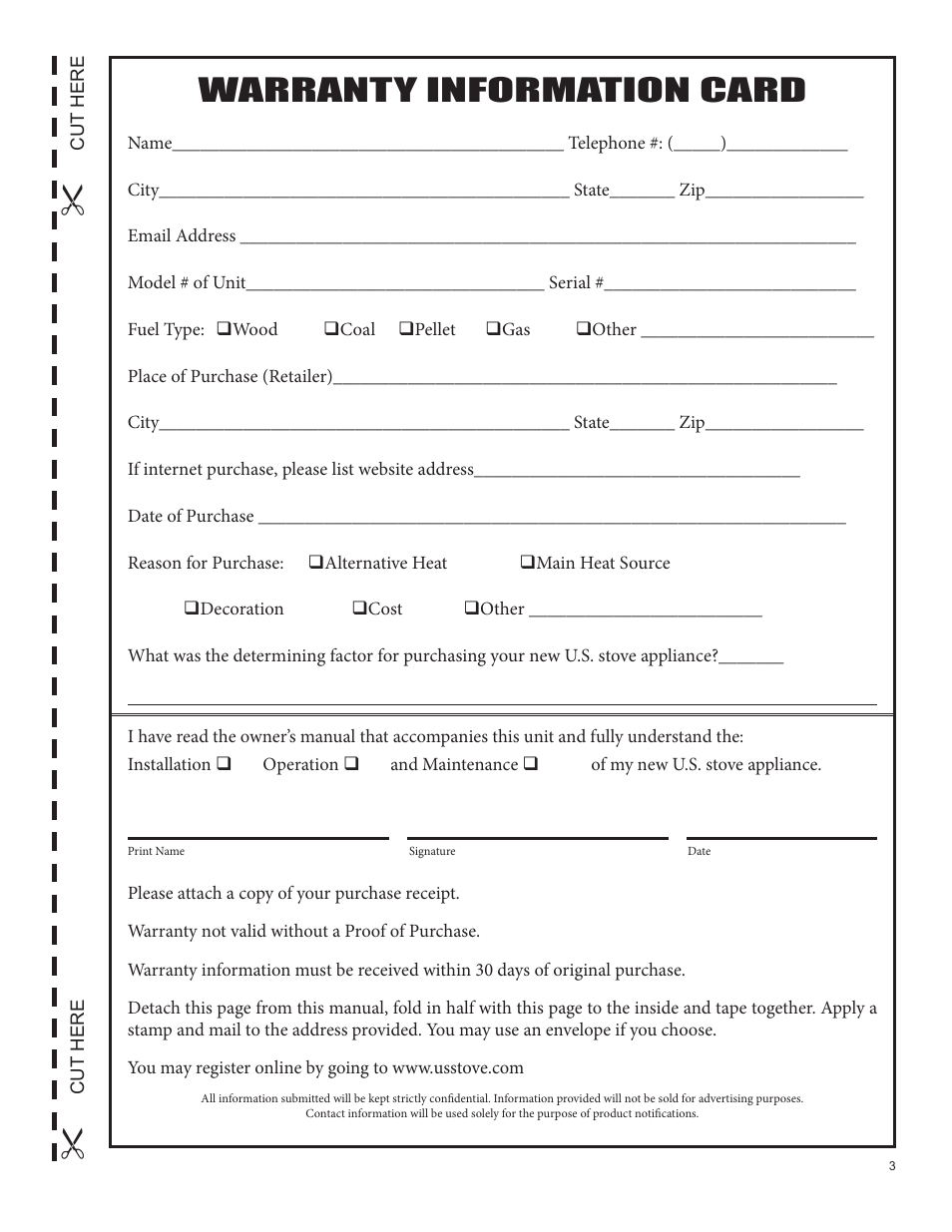 Warranty information card | United States Stove Company 5520 User Manual | Page 3 / 28