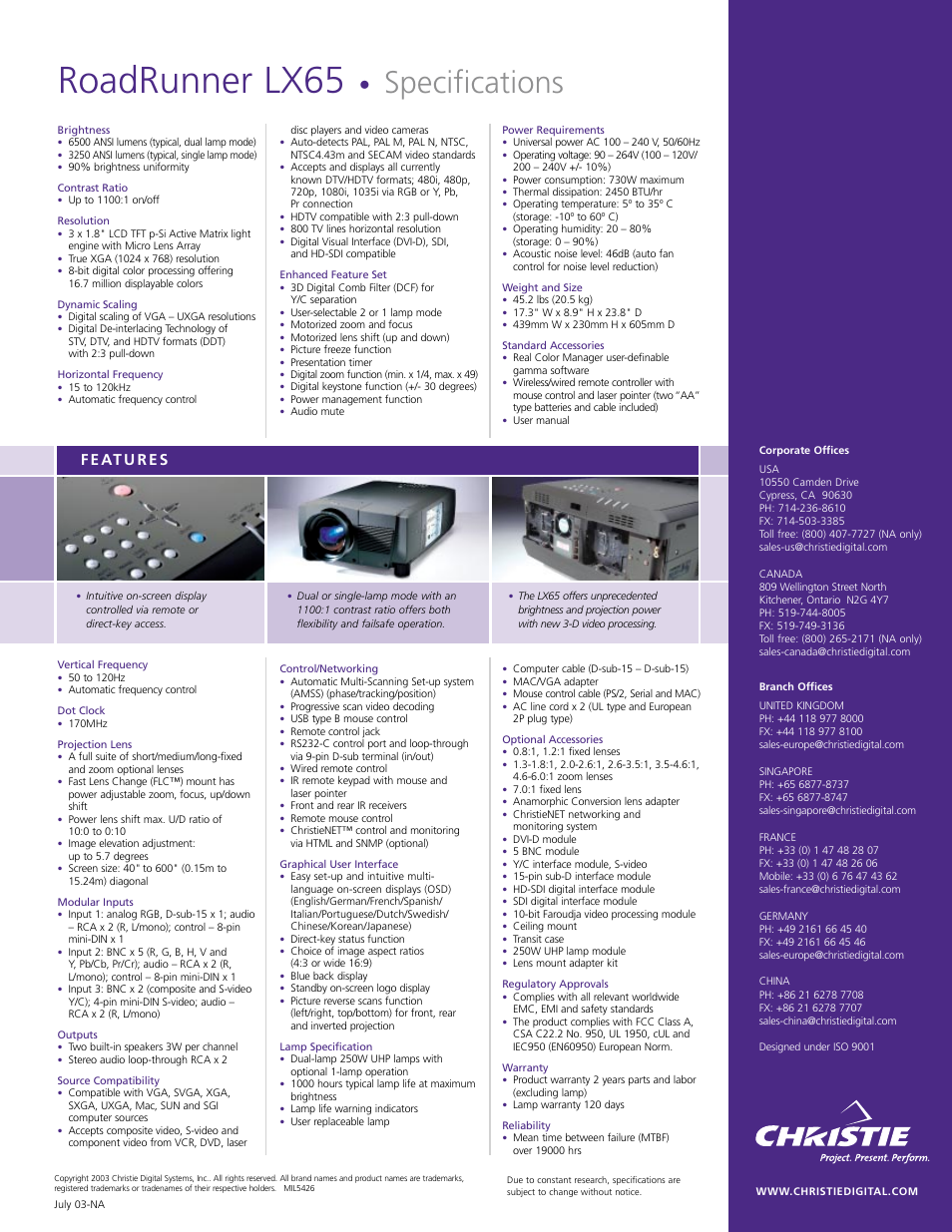 Roadrunner lx65, Specifications | Christie Digital Systems RoadRunner LX65 User Manual | Page 2 / 2