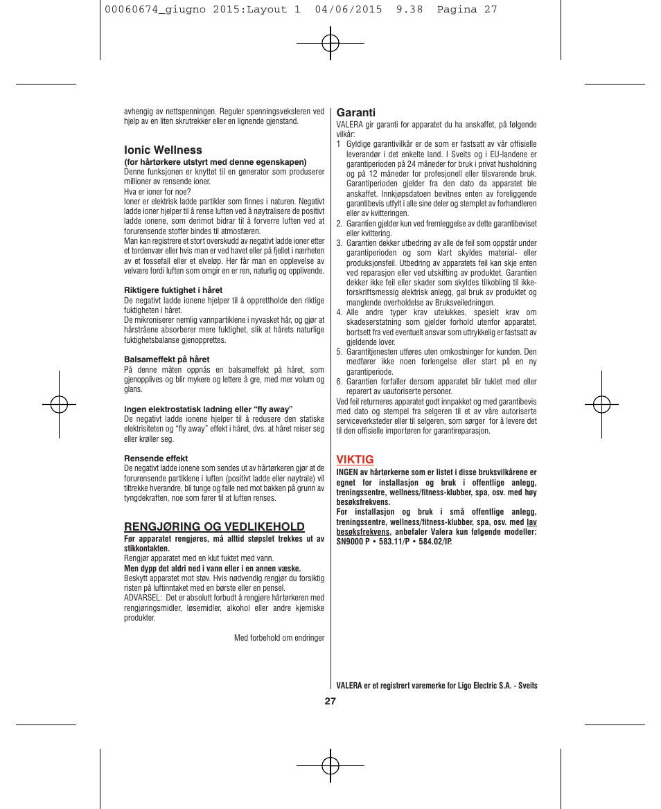 VALERA Swiss Power4ever 2400 W User Manual | Page 27 / 92