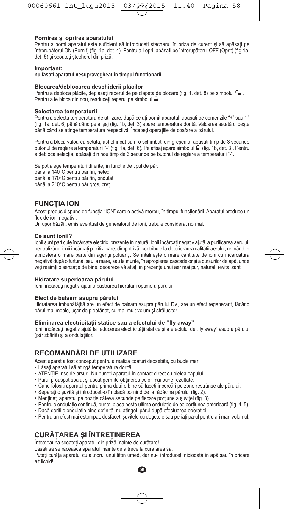 Funcţia ion, Recomandări de utilizare, Curăţarea şi întreţinerea | VALERA Wave Master Ionic User Manual | Page 56 / 94