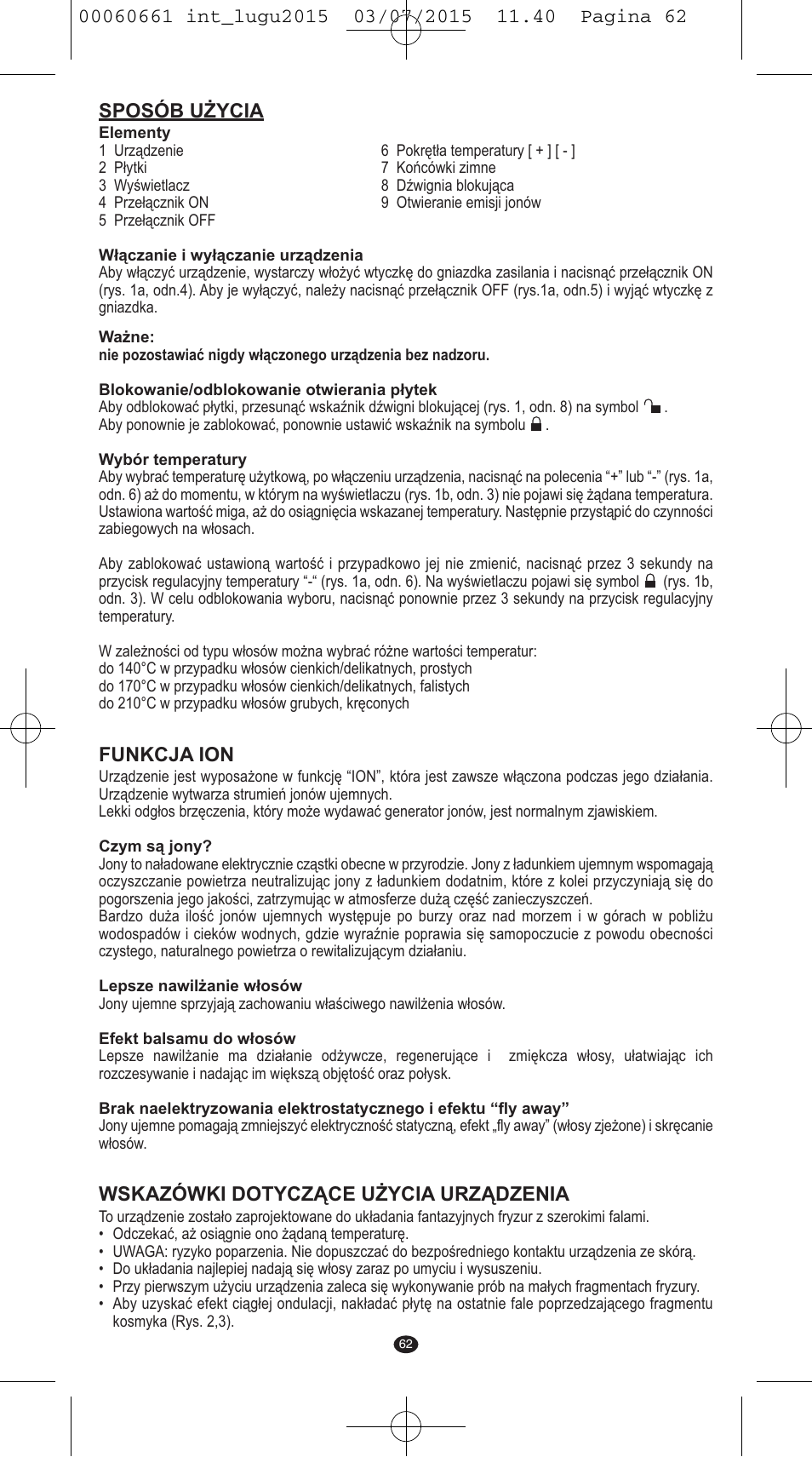 Sposób użycia, Funkcja ion, Wskazówki dotyczące użycia urządzenia | VALERA Wave Master Ionic User Manual | Page 60 / 94