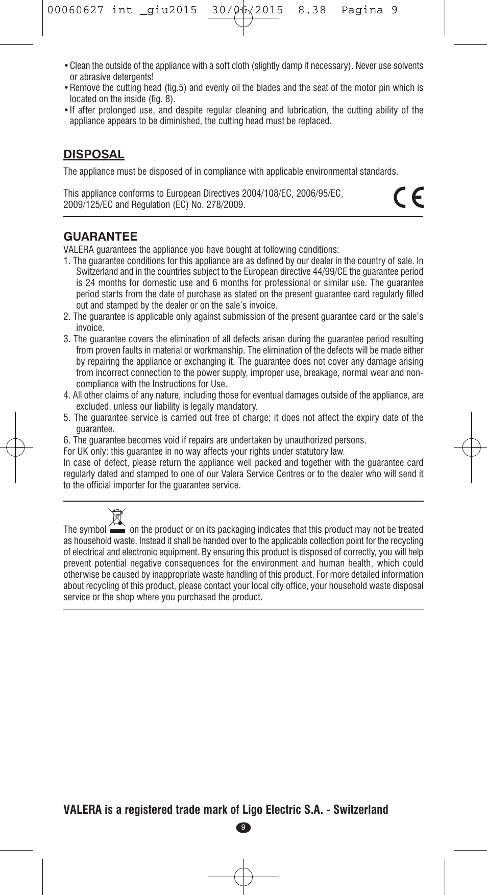 Disposal, Guarantee | VALERA X-MASTER User Manual | Page 5 / 98