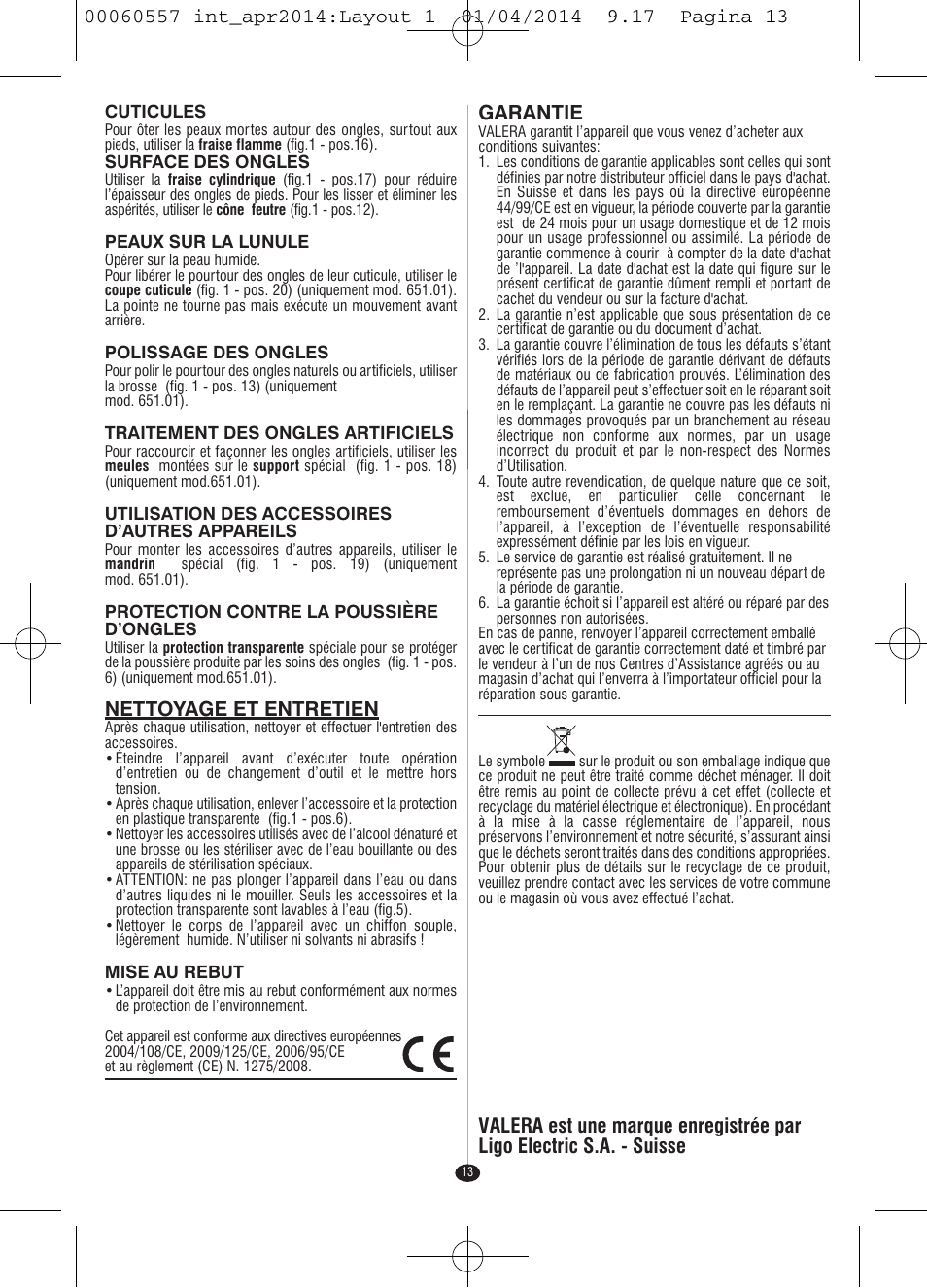 Nettoyage et entretien, Garantie | VALERA ManiSwiss Professional User Manual | Page 11 / 82